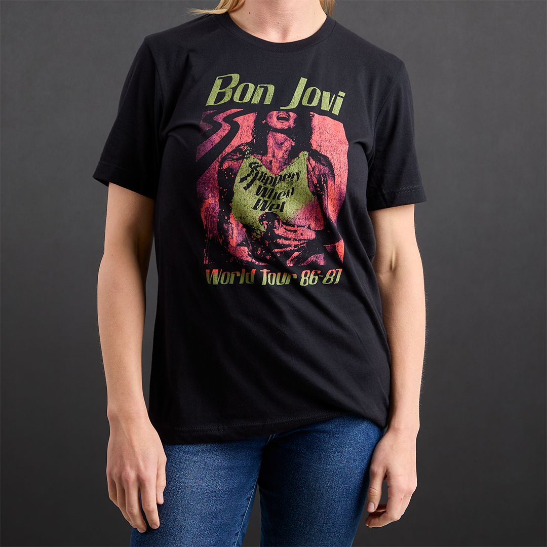 Bon Jovi ボンジョビスリップリーウェンウェットツアーヴィンテージTシャツ Slippery When Wet Vintage World Tour Black T-Shirt - Bon Jovi